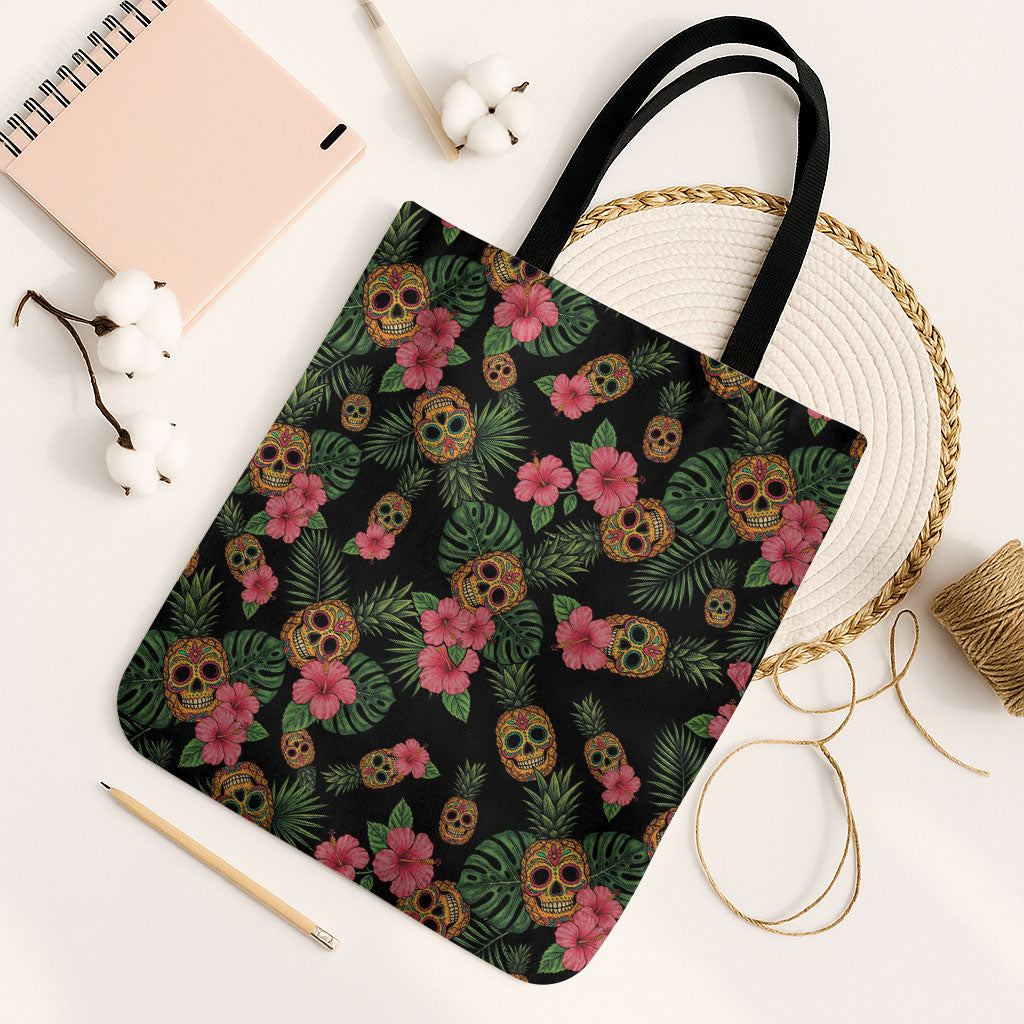 Tropical Calavera Hawaiian Tote Bag Sugar Skull Pineapple Hibiscus Floral