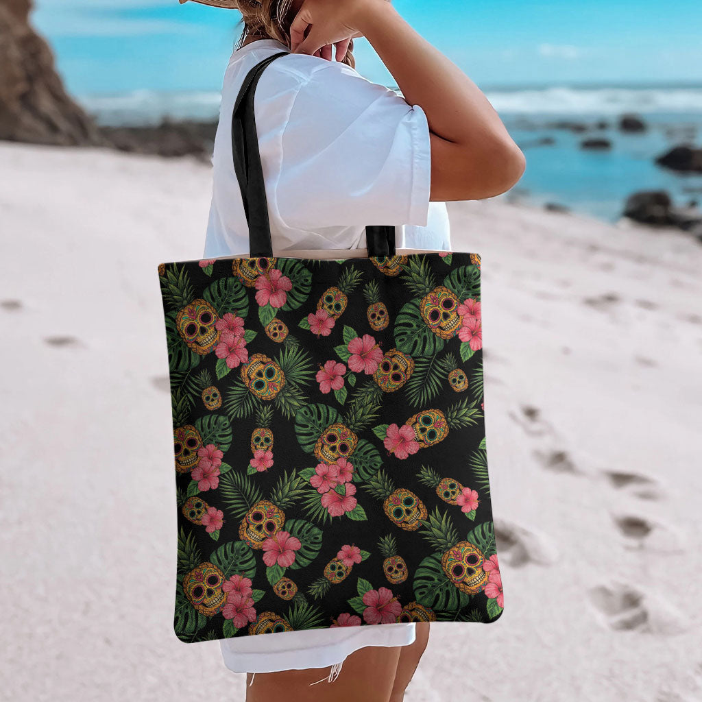 Tropical Calavera Hawaiian Tote Bag Sugar Skull Pineapple Hibiscus Floral