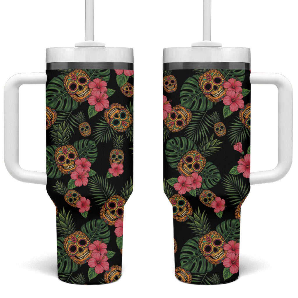 Tropical Calavera Hawaiian Tumbler With Handle Sugar Skull Pineapple Hibiscus Floral