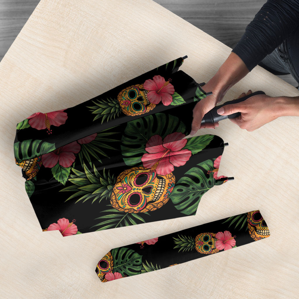 Tropical Calavera Hawaiian Umbrella Sugar Skull Pineapple Hibiscus Floral