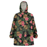 Tropical Calavera Hawaiian Wearable Blanket Hoodie Sugar Skull Pineapple Hibiscus Floral DT05 One Size Black - Polynesian Pride