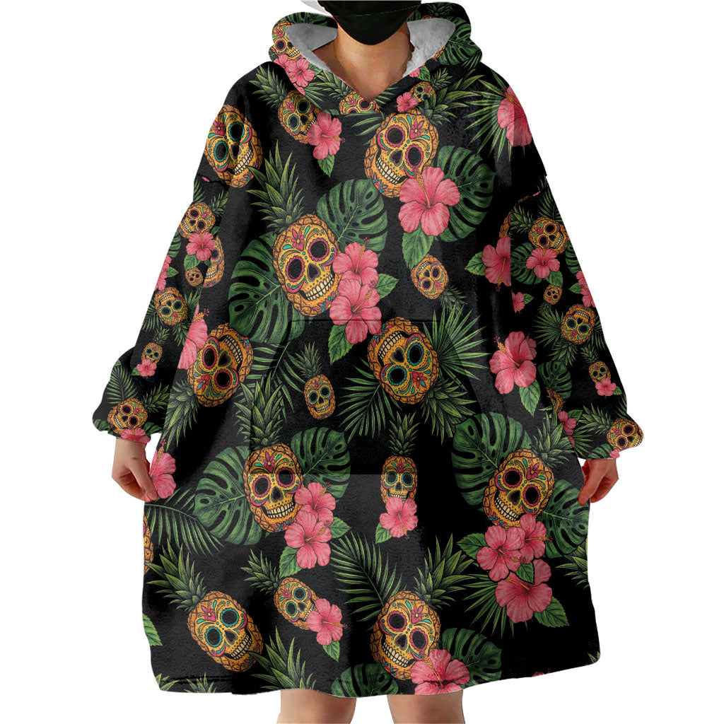 Tropical Calavera Hawaiian Wearable Blanket Hoodie Sugar Skull Pineapple Hibiscus Floral DT05 - Polynesian Pride