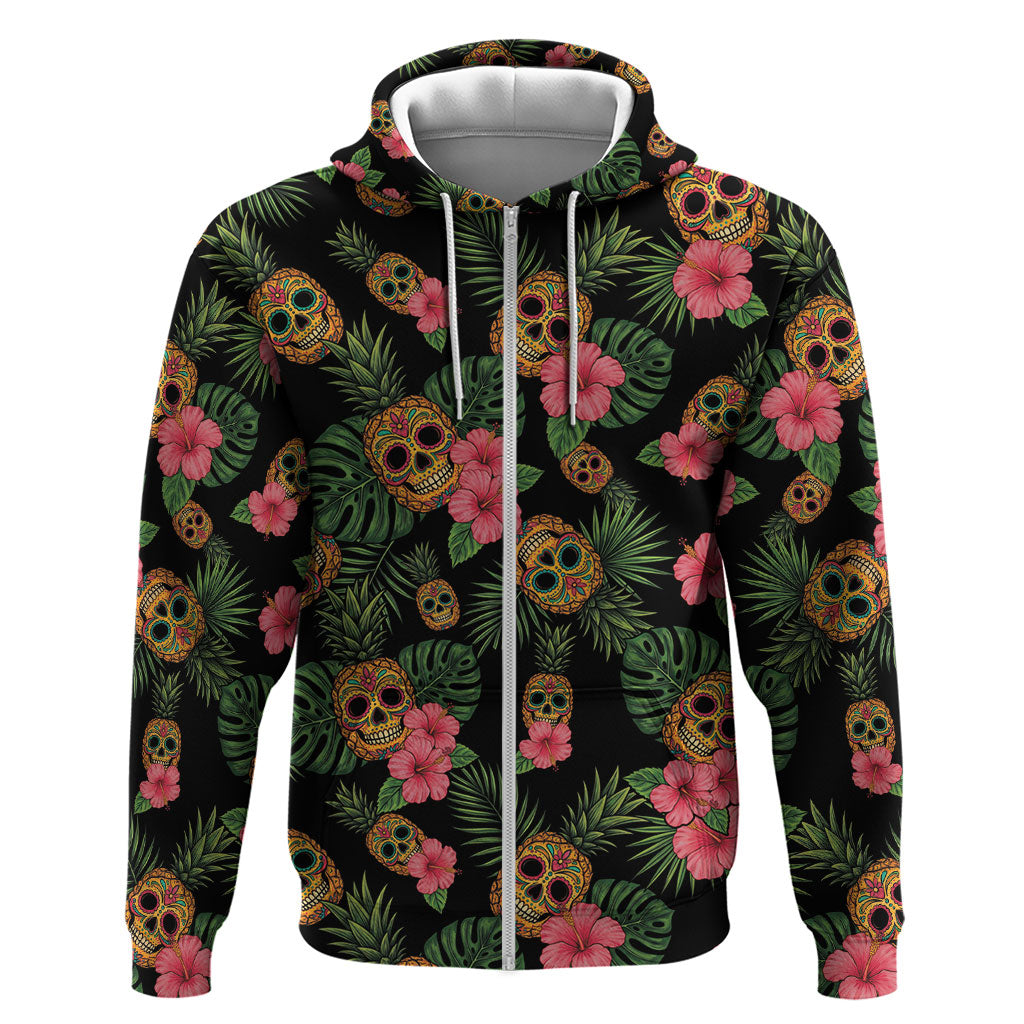 Tropical Calavera Hawaiian Zip Hoodie Sugar Skull Pineapple Hibiscus Floral