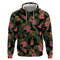 Tropical Calavera Hawaiian Zip Hoodie Sugar Skull Pineapple Hibiscus Floral