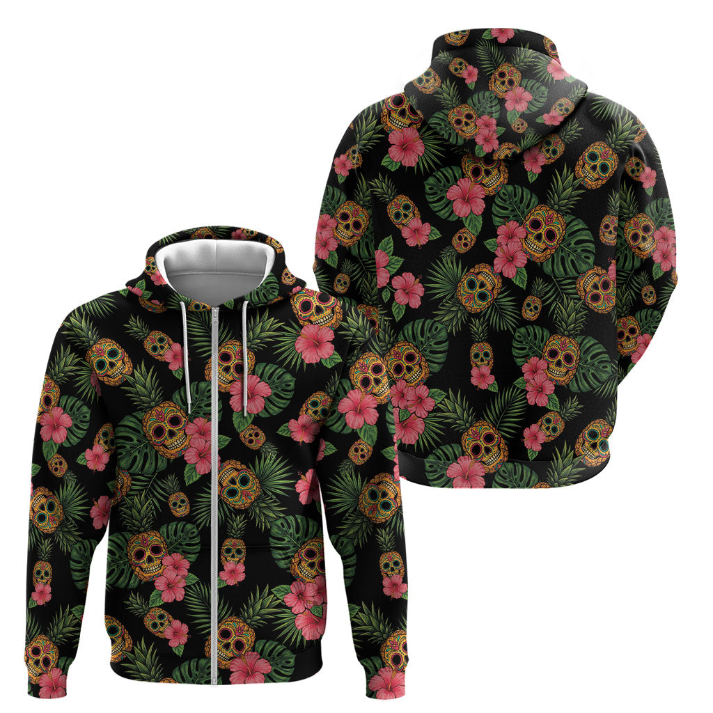 Tropical Calavera Hawaiian Zip Hoodie Sugar Skull Pineapple Hibiscus Floral