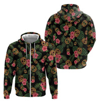 Tropical Calavera Hawaiian Zip Hoodie Sugar Skull Pineapple Hibiscus Floral