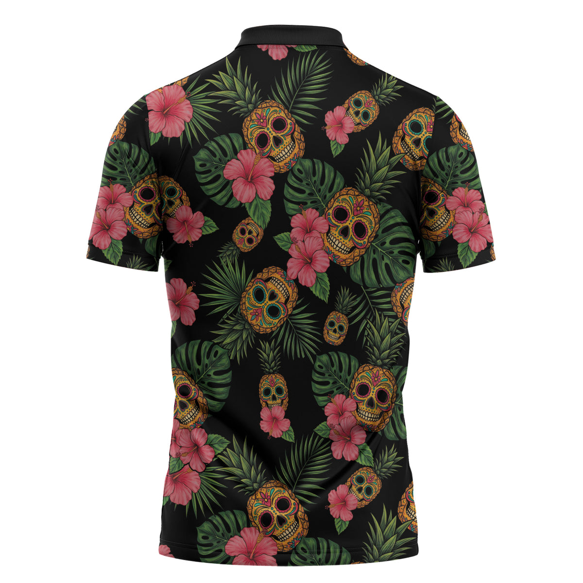 Tropical Calavera Hawaiian Zipper Polo Shirt Sugar Skull Pineapple Hibiscus Floral DT05 - Polynesian Pride