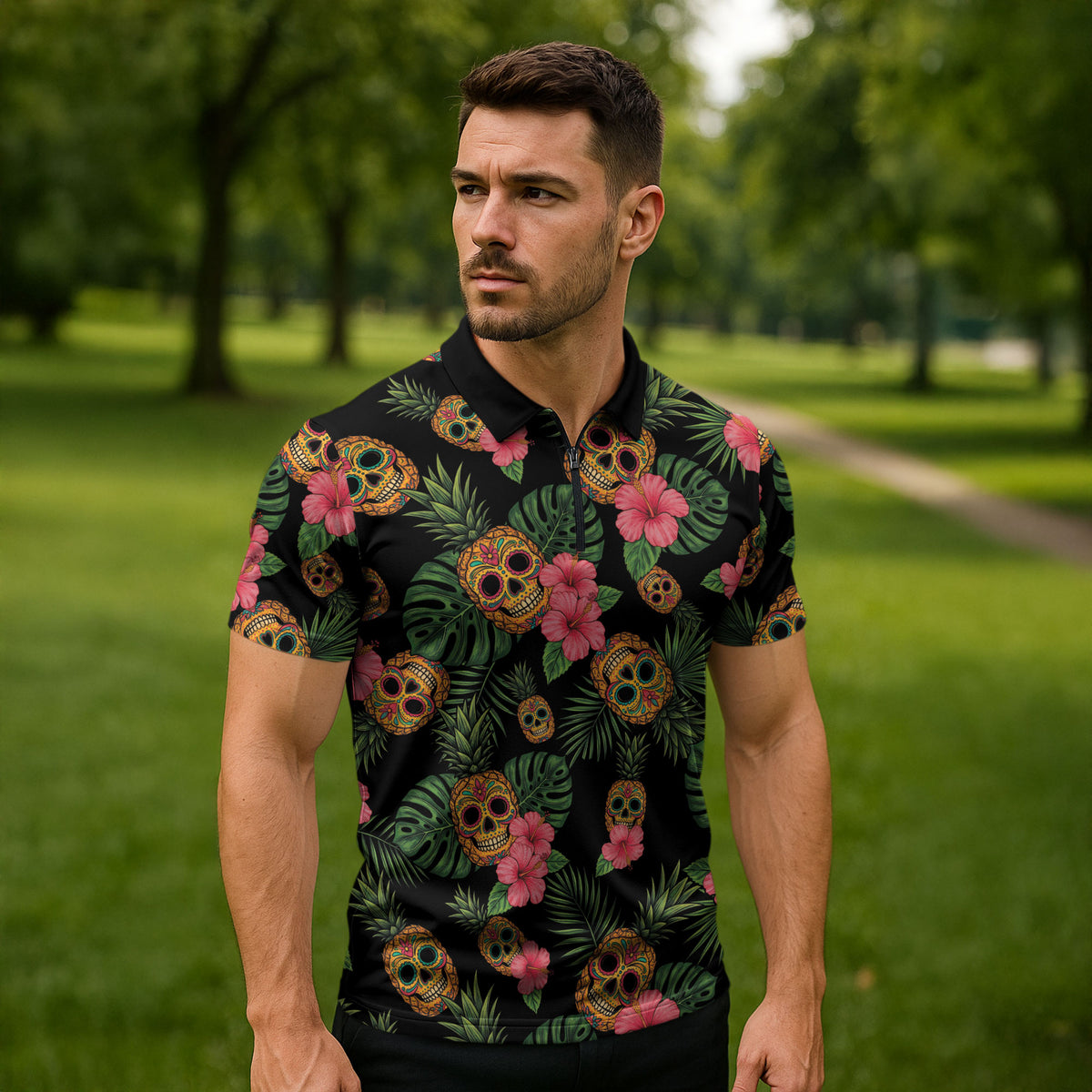 Tropical Calavera Hawaiian Zipper Polo Shirt Sugar Skull Pineapple Hibiscus Floral DT05 - Polynesian Pride