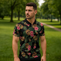 Tropical Calavera Hawaiian Zipper Polo Shirt Sugar Skull Pineapple Hibiscus Floral DT05 - Polynesian Pride