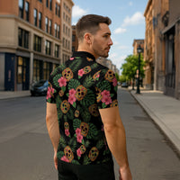 Tropical Calavera Hawaiian Zipper Polo Shirt Sugar Skull Pineapple Hibiscus Floral DT05 - Polynesian Pride