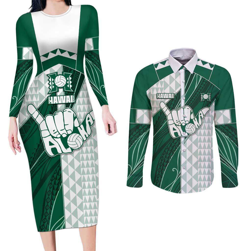 Custom Hawaii Volleyball Couples Matching Long Sleeve Bodycon Dress and Long Sleeve Button Shirt Shaka Aloha Hand