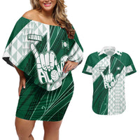 Custom Hawaii Volleyball Couples Matching Off Shoulder Short Dress and Hawaiian Shirt Shaka Aloha Hand DT05 Green - Polynesian Pride