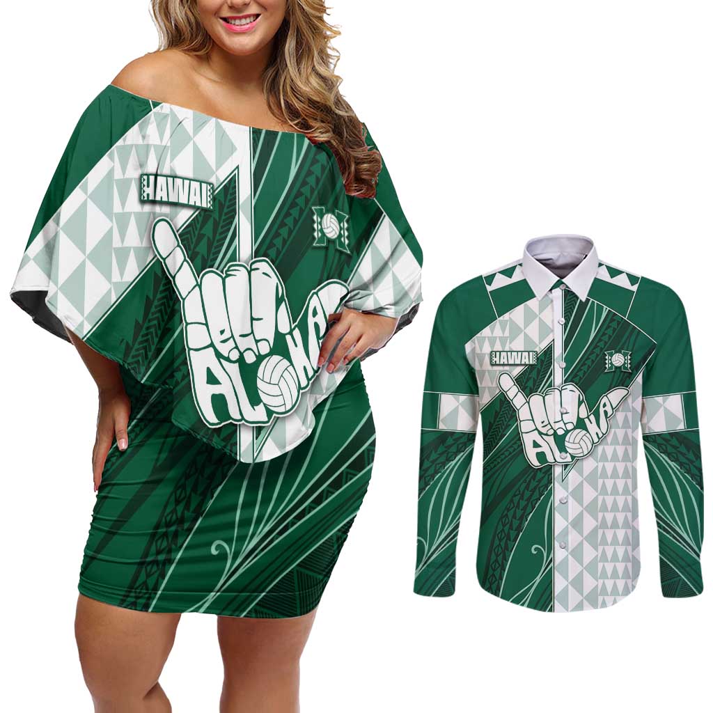 Custom Hawaii Volleyball Couples Matching Off Shoulder Short Dress and Long Sleeve Button Shirt Shaka Aloha Hand