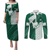 Custom Hawaii Volleyball Couples Matching Puletasi and Long Sleeve Button Shirt Shaka Aloha Hand