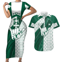 Custom Hawaii Volleyball Couples Matching Short Sleeve Bodycon Dress and Hawaiian Shirt Shaka Aloha Hand DT05 Green - Polynesian Pride