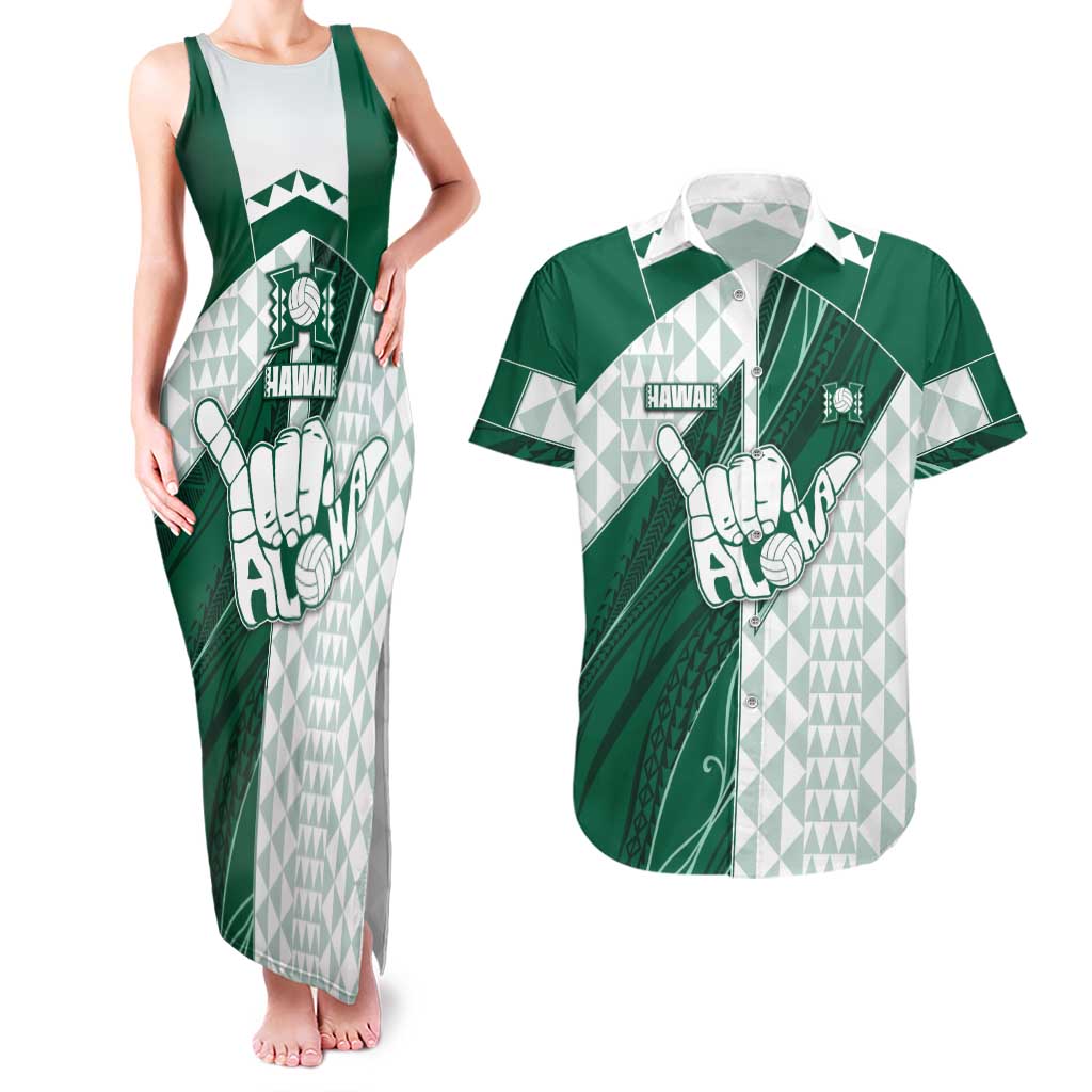 Custom Hawaii Volleyball Couples Matching Tank Maxi Dress and Hawaiian Shirt Shaka Aloha Hand DT05 Green - Polynesian Pride