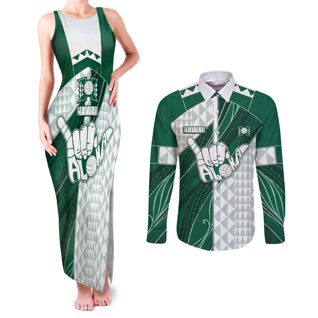 Custom Hawaii Volleyball Couples Matching Tank Maxi Dress and Long Sleeve Button Shirt Shaka Aloha Hand