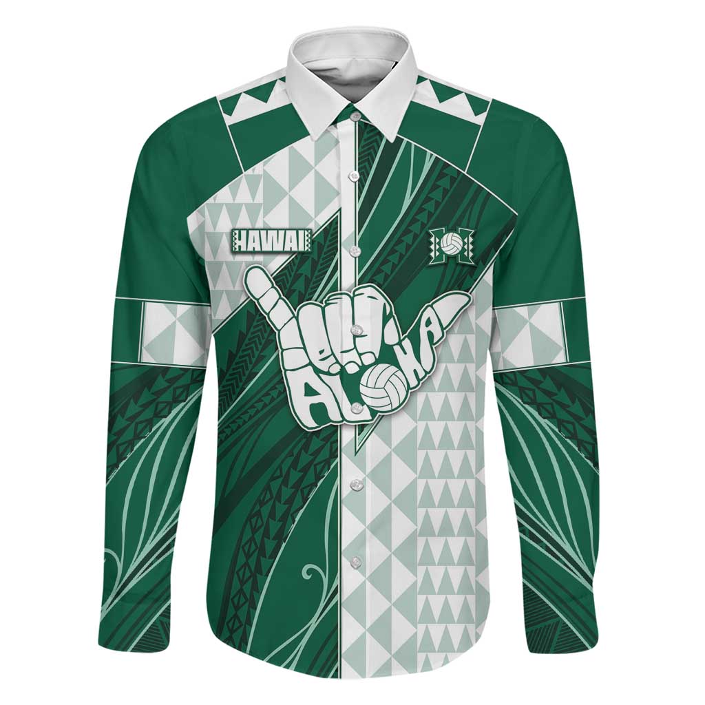 Custom Hawaii Volleyball Family Matching Long Sleeve Bodycon Dress and Hawaiian Shirt Shaka Aloha Hand DT05 Dad's Shirt - Long Sleeve Green - Polynesian Pride