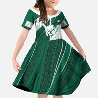 Custom Hawaii Volleyball Family Matching Off The Shoulder Long Sleeve Dress and Hawaiian Shirt Shaka Aloha Hand DT05 Daughter's Dress Green - Polynesian Pride