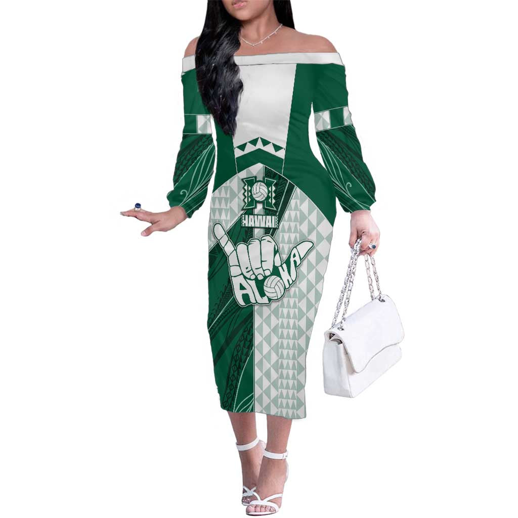Custom Hawaii Volleyball Family Matching Off The Shoulder Long Sleeve Dress and Hawaiian Shirt Shaka Aloha Hand DT05 Mom's Dress Green - Polynesian Pride