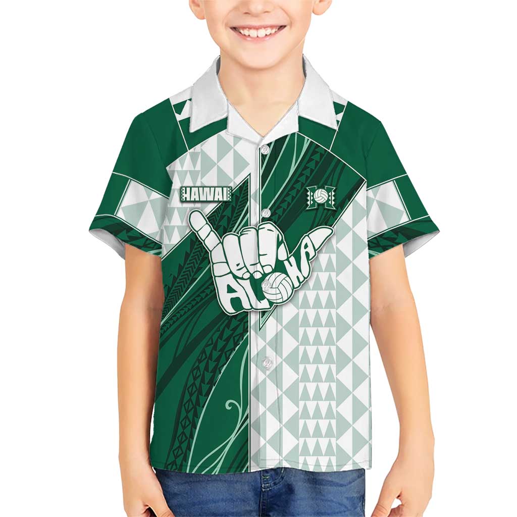 Custom Hawaii Volleyball Family Matching Off Shoulder Short Dress and Hawaiian Shirt Shaka Aloha Hand DT05 Son's Shirt Green - Polynesian Pride
