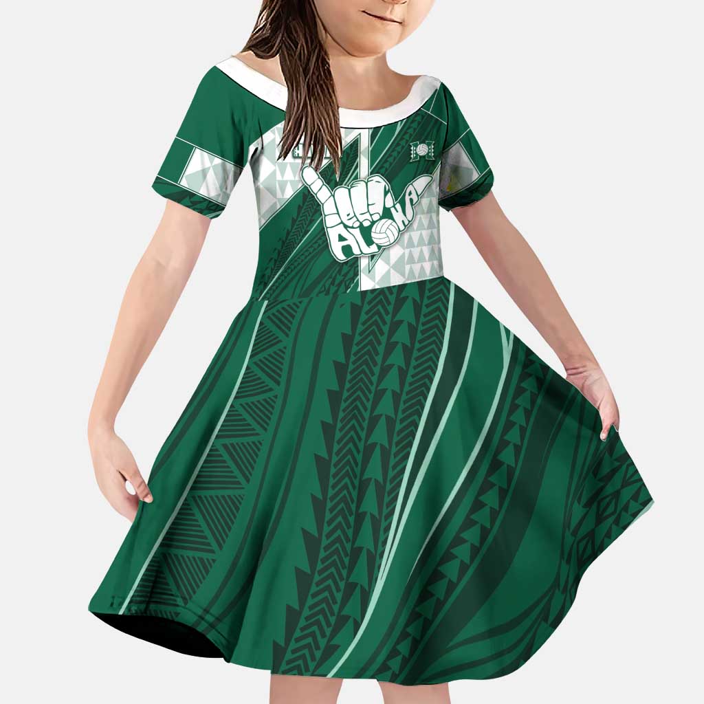 Custom Hawaii Volleyball Family Matching Puletasi and Hawaiian Shirt Shaka Aloha Hand DT05 Daughter's Dress Green - Polynesian Pride