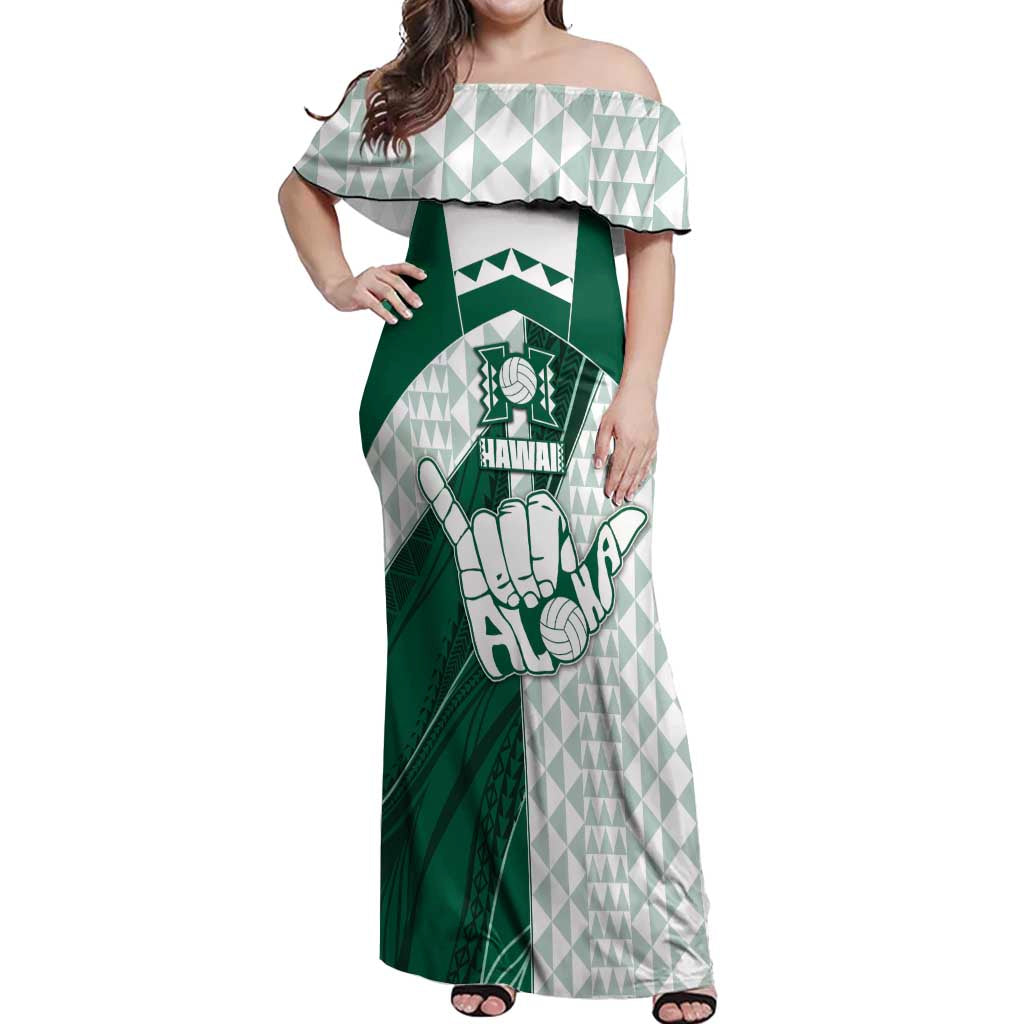 Custom Hawaii Volleyball Off Shoulder Maxi Dress Shaka Aloha Hand DT05 Women Green - Polynesian Pride