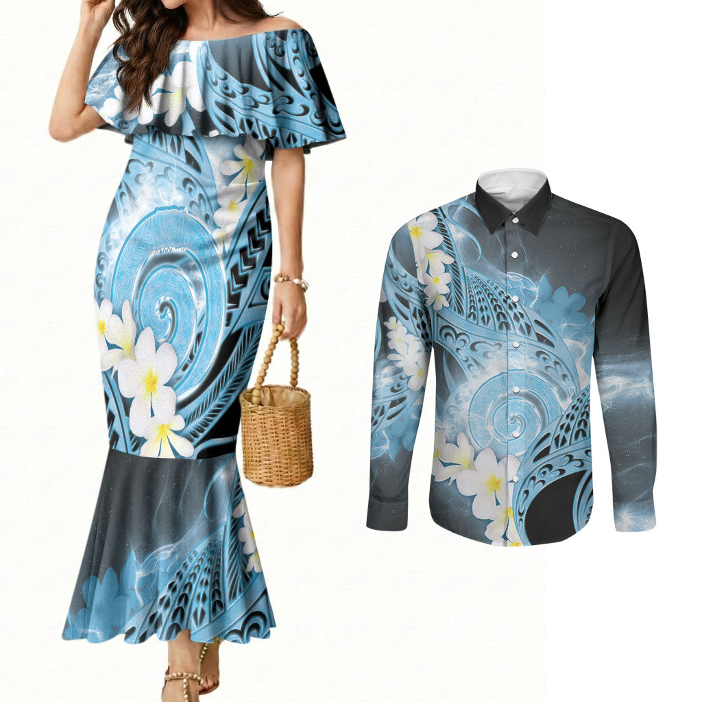 Piko Hawaiian Couples Matching Mermaid Dress and Long Sleeve Button Shirt Blue Galaxy Spiral Plumeria Tribal Patterns DT05 Blue - Polynesian Pride