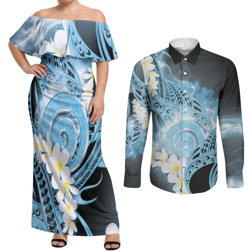 Piko Hawaiian Couples Matching Off Shoulder Maxi Dress and Long Sleeve Button Shirt Blue Galaxy Spiral Plumeria Tribal Patterns DT05 Blue - Polynesian Pride