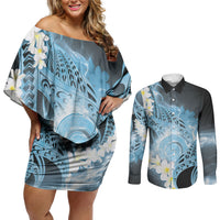 Piko Hawaiian Couples Matching Off Shoulder Short Dress and Long Sleeve Button Shirt Blue Galaxy Spiral Plumeria Tribal Patterns DT05 Blue - Polynesian Pride