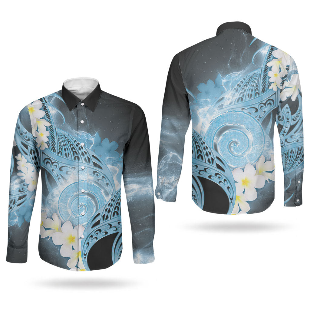 Piko Hawaiian Couples Matching Off Shoulder Short Dress and Long Sleeve Button Shirt Blue Galaxy Spiral Plumeria Tribal Patterns DT05 - Polynesian Pride