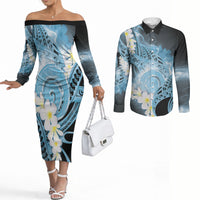 Piko Hawaiian Couples Matching Off The Shoulder Long Sleeve Dress and Long Sleeve Button Shirt Blue Galaxy Spiral Plumeria Tribal Patterns DT05 Blue - Polynesian Pride