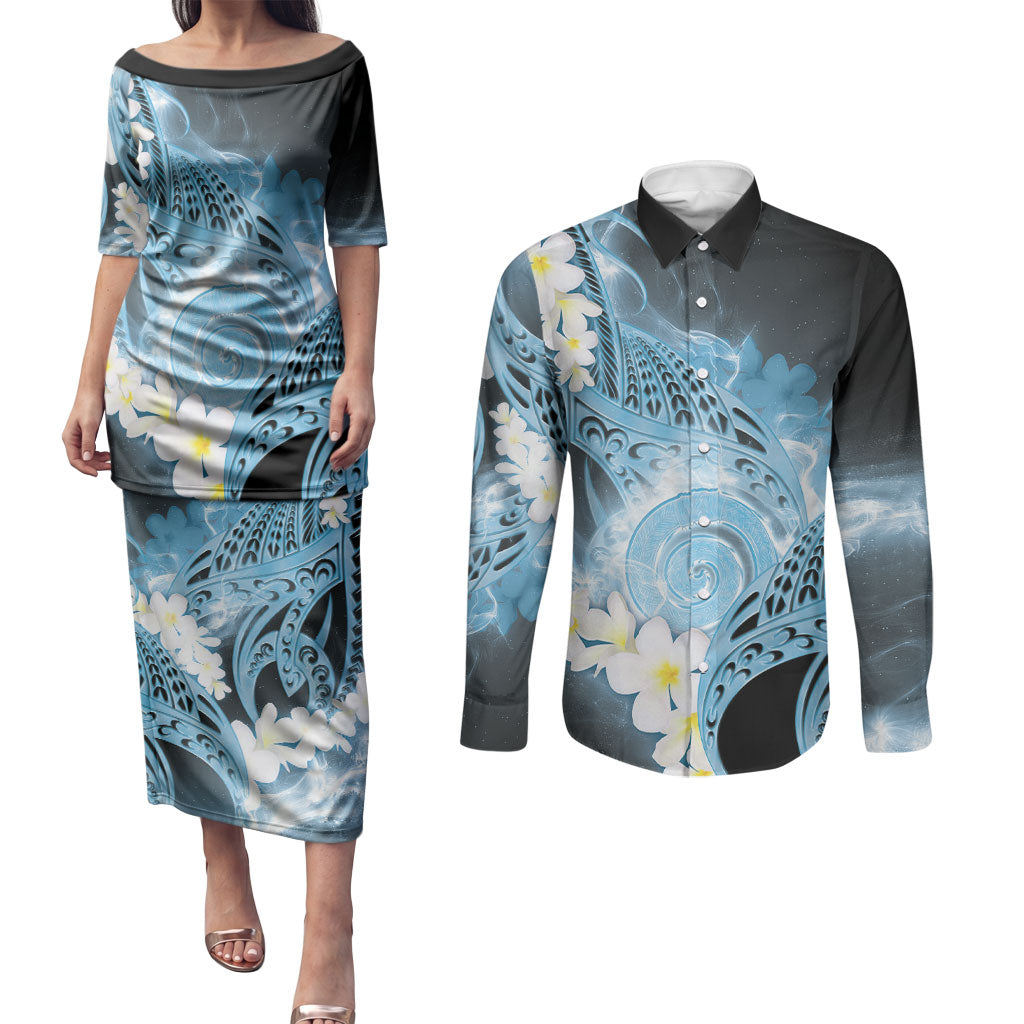 Piko Hawaiian Couples Matching Puletasi and Long Sleeve Button Shirt Blue Galaxy Spiral Plumeria Tribal Patterns DT05 Blue - Polynesian Pride