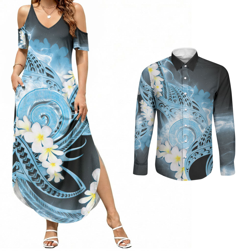 Piko Hawaiian Couples Matching Summer Maxi Dress and Long Sleeve Button Shirt Blue Galaxy Spiral Plumeria Tribal Patterns DT05 Blue - Polynesian Pride