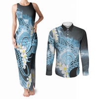 Piko Hawaiian Couples Matching Tank Maxi Dress and Long Sleeve Button Shirt Blue Galaxy Spiral Plumeria Tribal Patterns DT05 Blue - Polynesian Pride