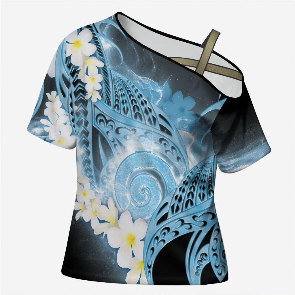 Piko Hawaiian Cross Shoulder Shirt Blue Galaxy Spiral Plumeria Tribal Patterns DT05 Female Blue - Polynesian Pride