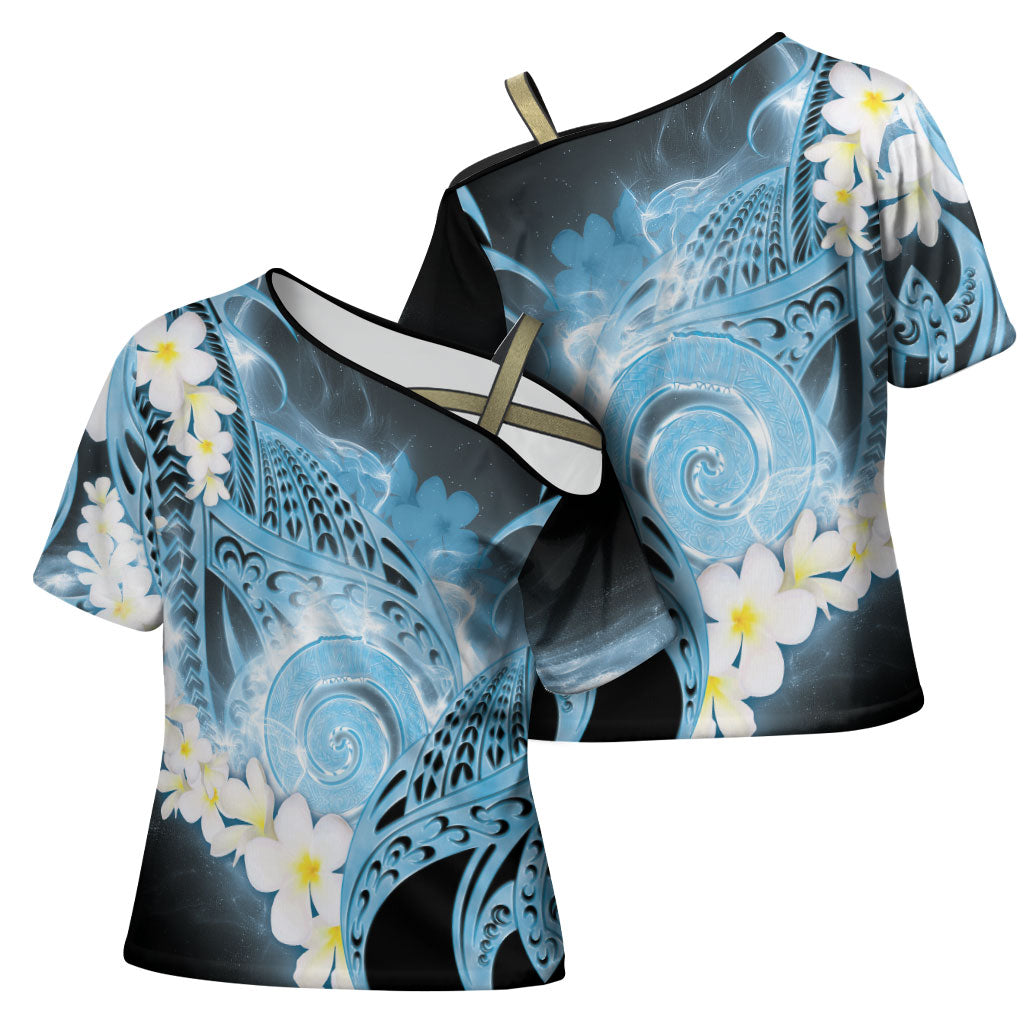 Piko Hawaiian Cross Shoulder Shirt Blue Galaxy Spiral Plumeria Tribal Patterns DT05 - Polynesian Pride