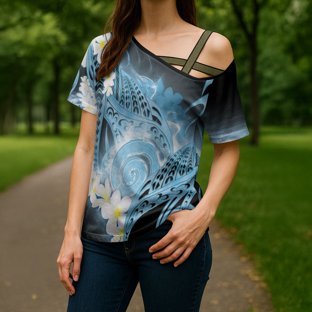Piko Hawaiian Cross Shoulder Shirt Blue Galaxy Spiral Plumeria Tribal Patterns DT05 - Polynesian Pride
