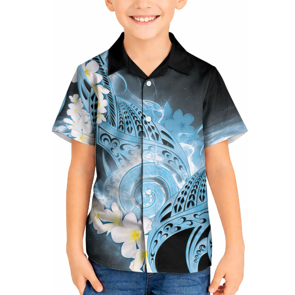 Piko Hawaiian Kid Hawaiian Shirt Blue Galaxy Spiral Plumeria Tribal Patterns DT05 Kid Blue - Polynesian Pride