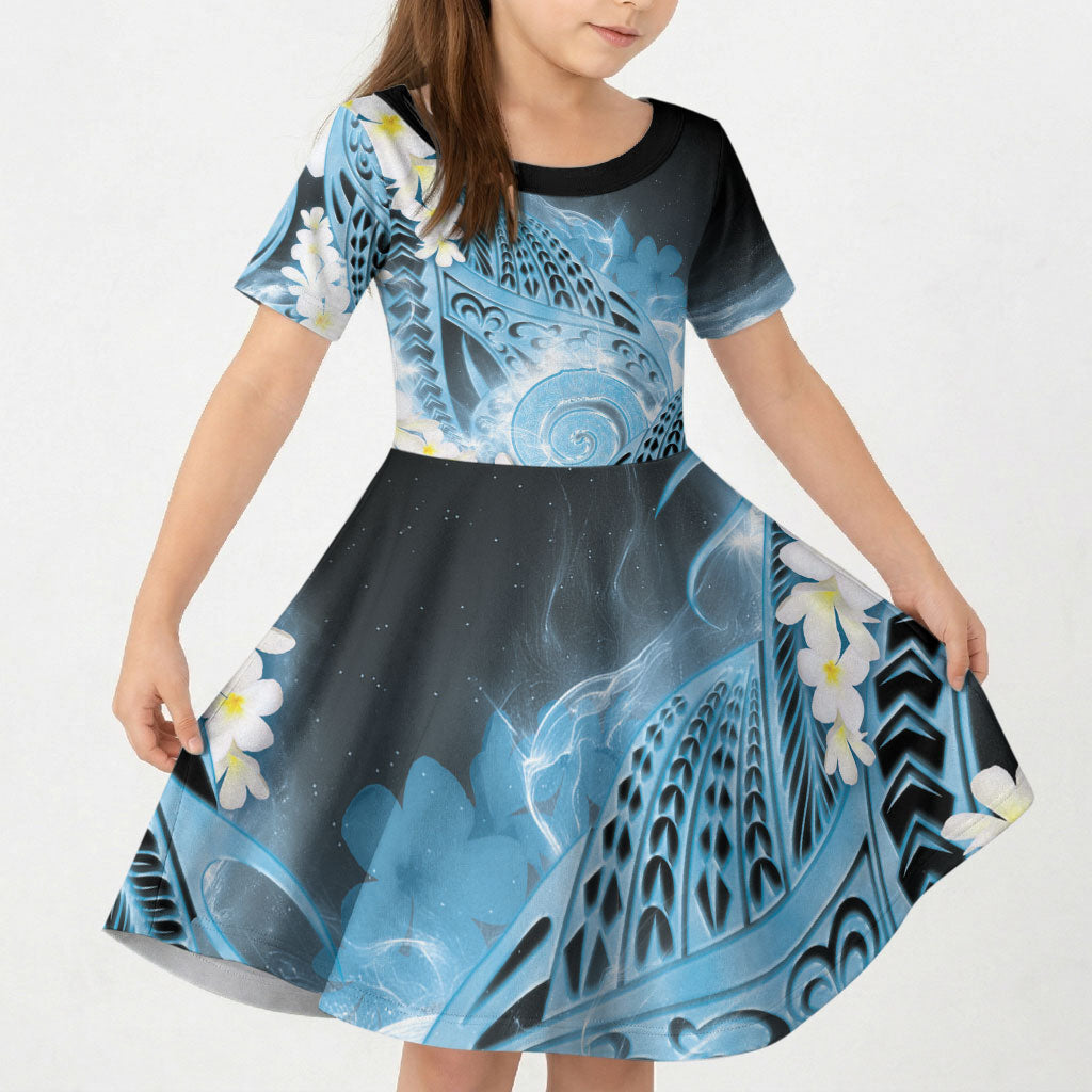 Piko Hawaiian Kid Short Sleeve Dress Blue Galaxy Spiral Plumeria Tribal Patterns DT05 KID Blue - Polynesian Pride
