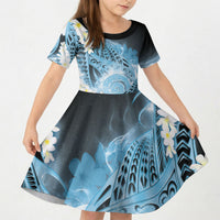 Piko Hawaiian Kid Short Sleeve Dress Blue Galaxy Spiral Plumeria Tribal Patterns DT05 KID Blue - Polynesian Pride
