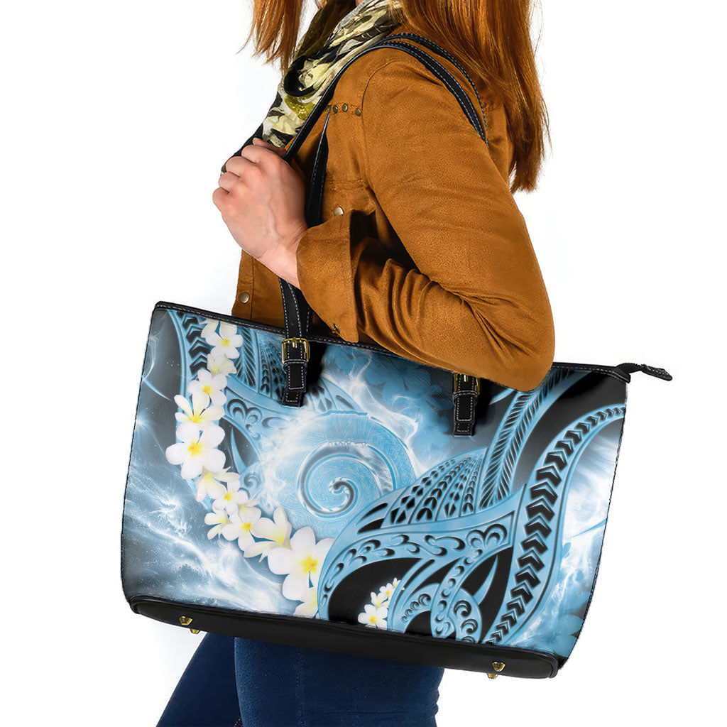 Piko Hawaiian Leather Tote Bag Blue Galaxy Spiral Plumeria Tribal Patterns DT05 Blue - Polynesian Pride