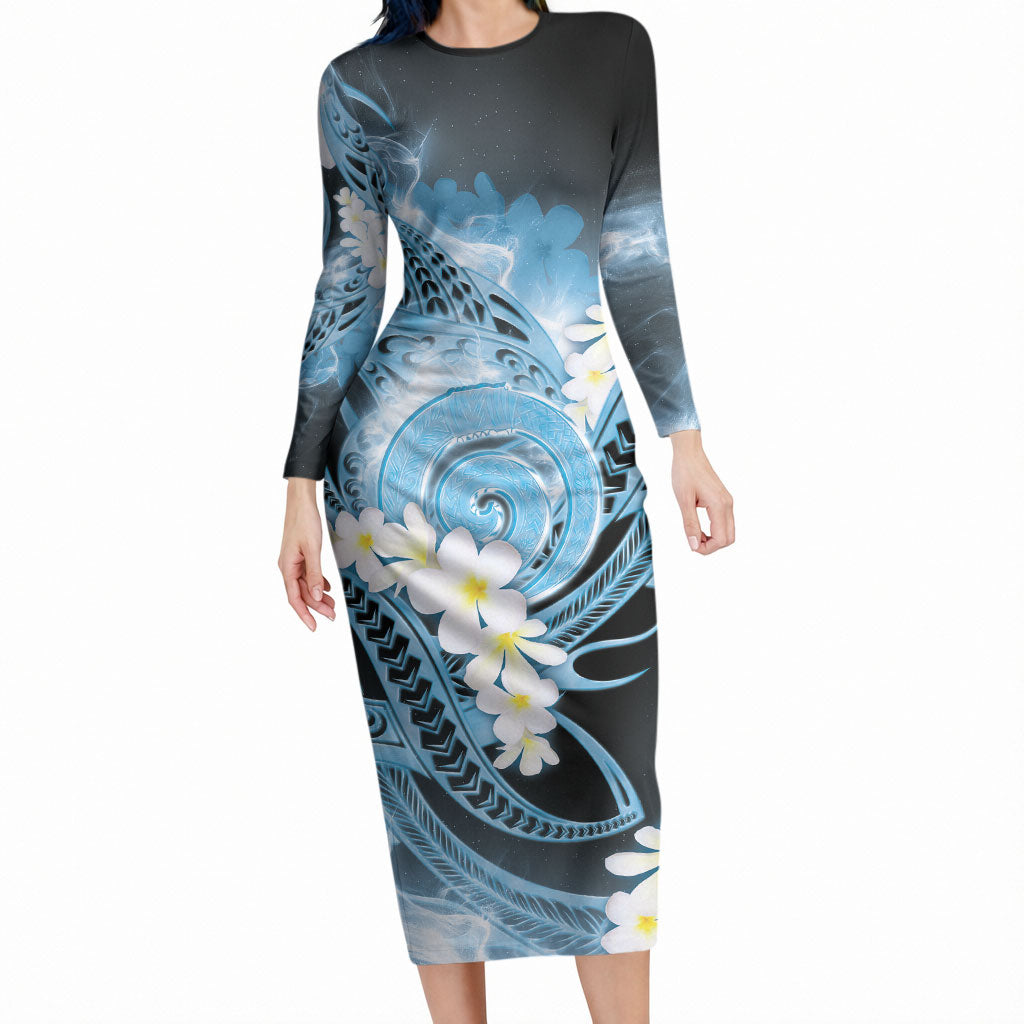 Piko Hawaiian Long Sleeve Bodycon Dress Blue Galaxy Spiral Plumeria Tribal Patterns DT05 Long Dress Blue - Polynesian Pride