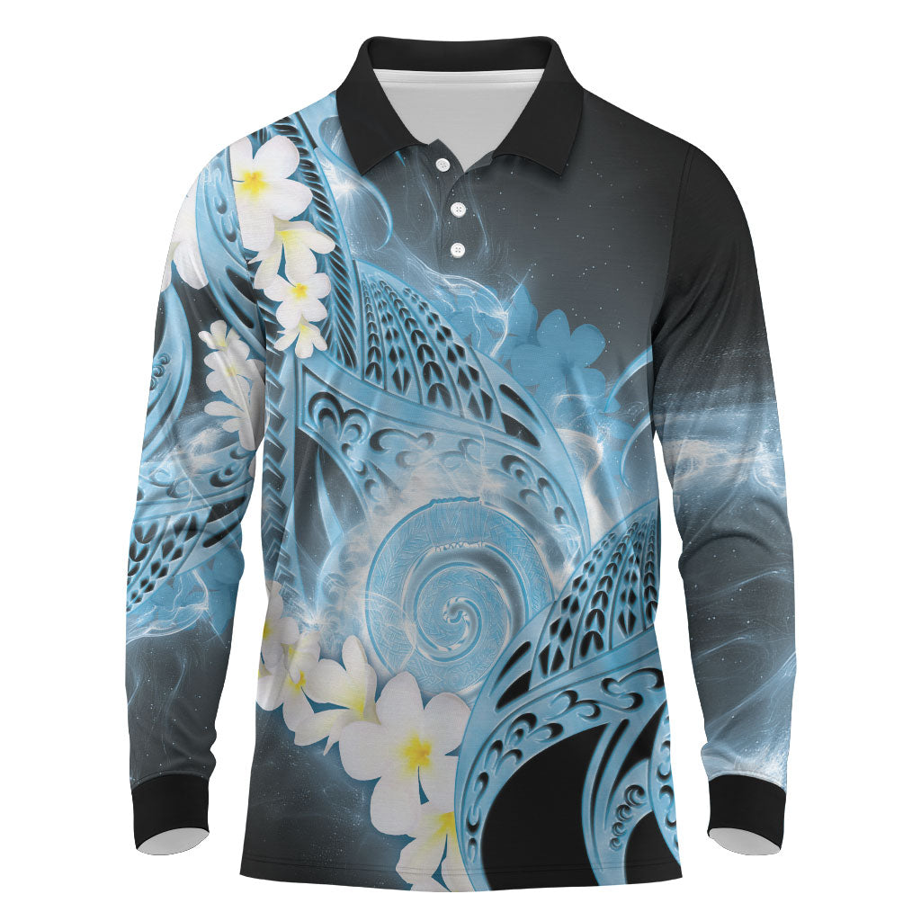 Piko Hawaiian Long Sleeve Polo Shirt Blue Galaxy Spiral Plumeria Tribal Patterns DT05 Blue - Polynesian Pride