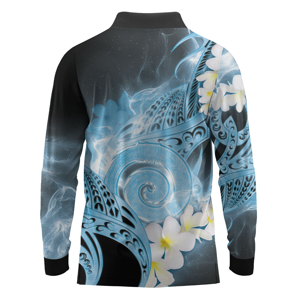 Piko Hawaiian Long Sleeve Polo Shirt Blue Galaxy Spiral Plumeria Tribal Patterns DT05 - Polynesian Pride