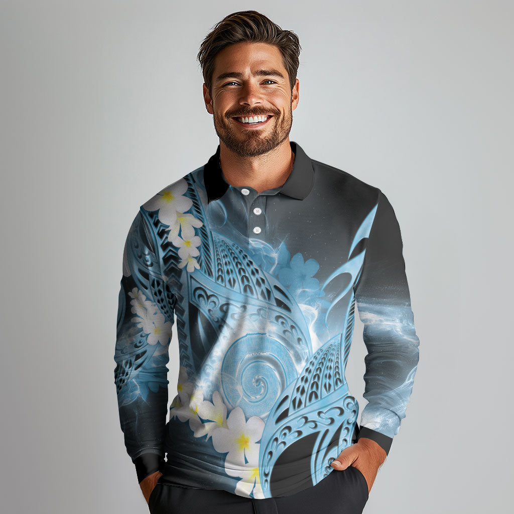 Piko Hawaiian Long Sleeve Polo Shirt Blue Galaxy Spiral Plumeria Tribal Patterns DT05 - Polynesian Pride
