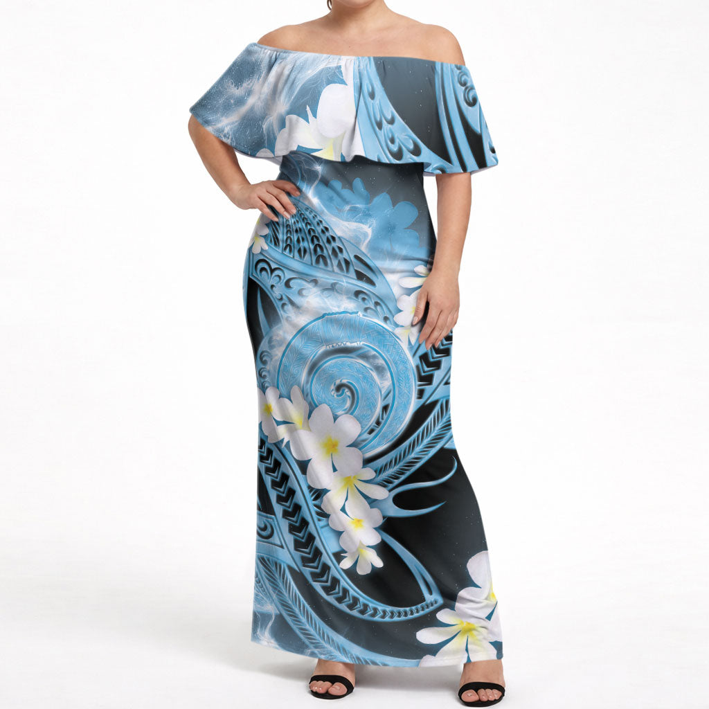 Piko Hawaiian Off Shoulder Maxi Dress Blue Galaxy Spiral Plumeria Tribal Patterns DT05 Women Blue - Polynesian Pride