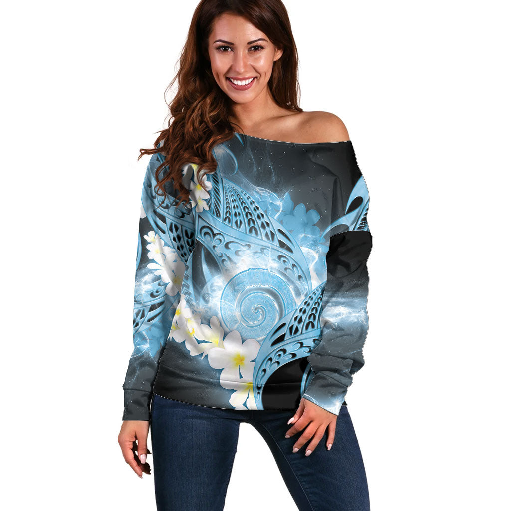 Piko Hawaiian Off Shoulder Sweater Blue Galaxy Spiral Plumeria Tribal Patterns DT05 Women Blue - Polynesian Pride