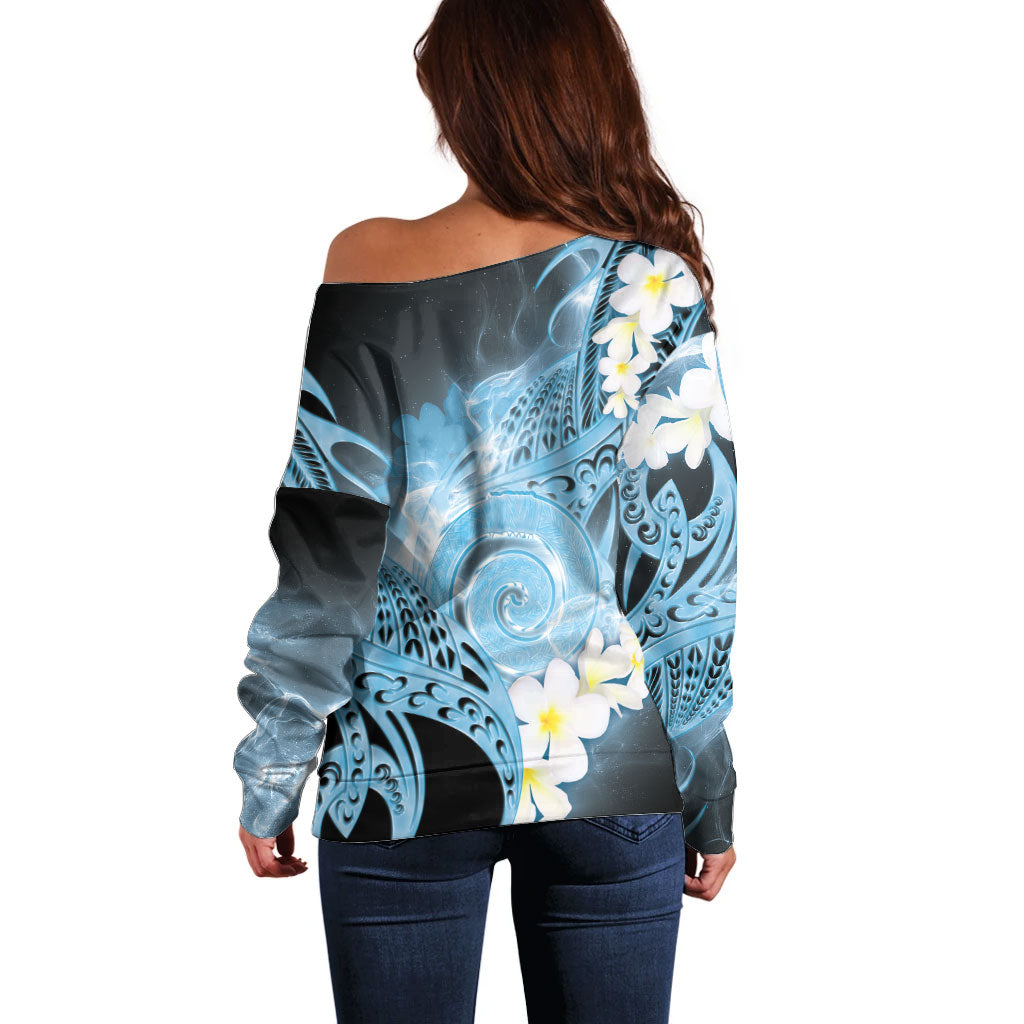 Piko Hawaiian Off Shoulder Sweater Blue Galaxy Spiral Plumeria Tribal Patterns DT05 - Polynesian Pride