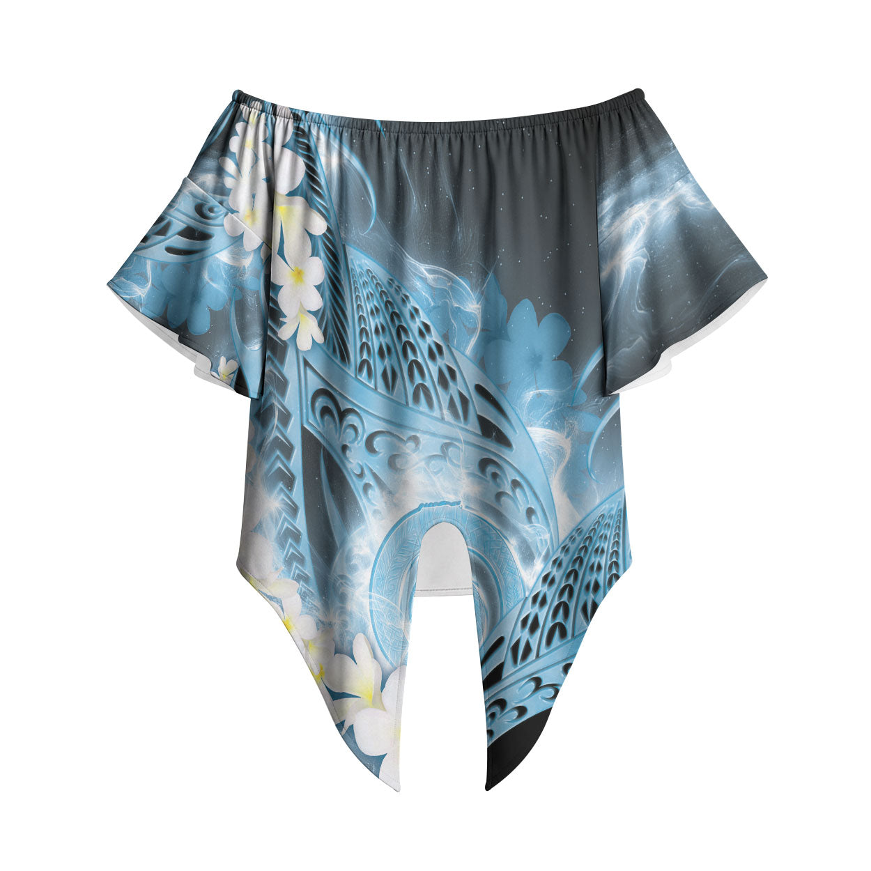Piko Hawaiian Off Shoulder Wrap Waist Top Blue Galaxy Spiral Plumeria Tribal Patterns DT05 Blue - Polynesian Pride